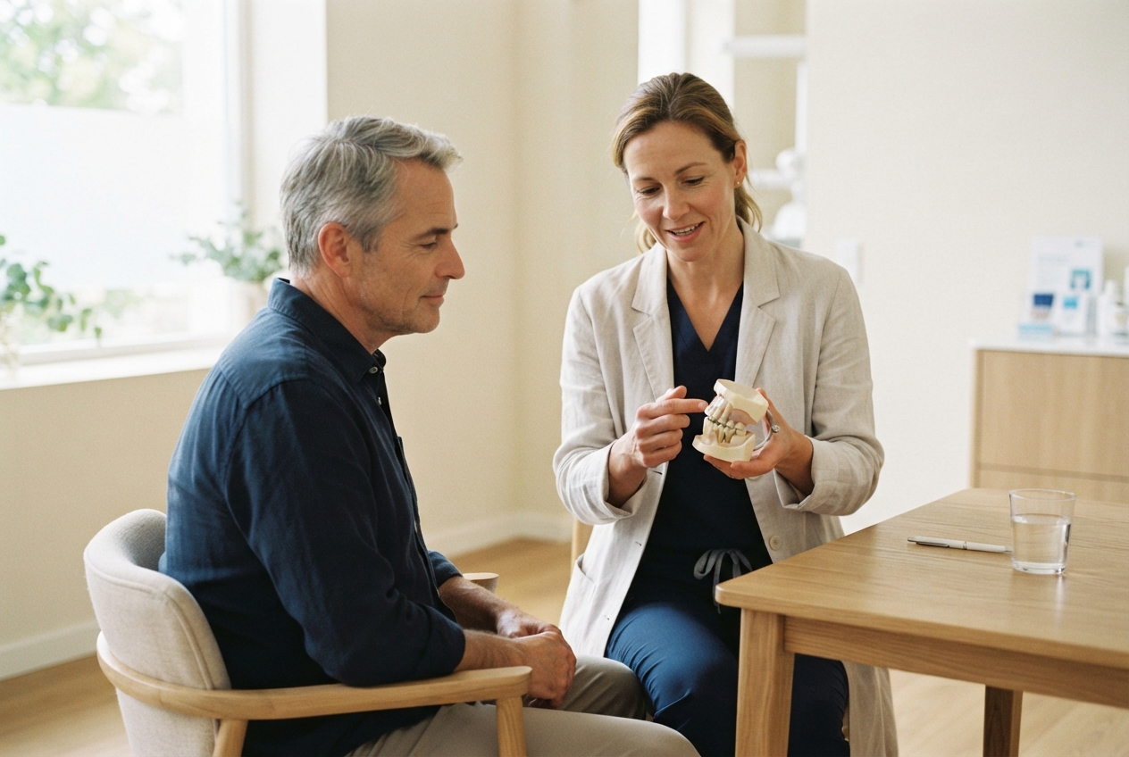 Dentist explaining a dental-jaw model to a seated man in a bright consultation room.
