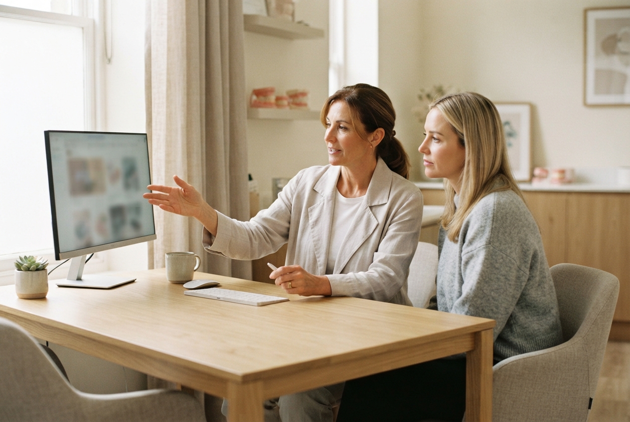Two women discuss blurred content on a computer monitor at a light wood desk in a softly lit room.
