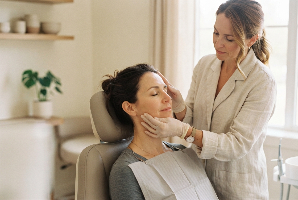 Gloved clinician examines a seated woman’s face in a softly lit treatment room.