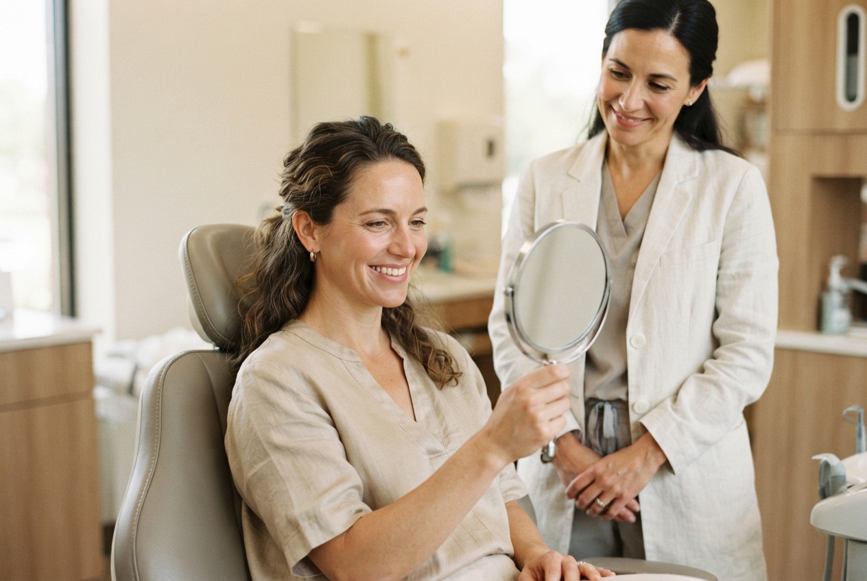 Smiling woman examines herself in a handheld mirror while a clinician stands beside her in a bright clinic.