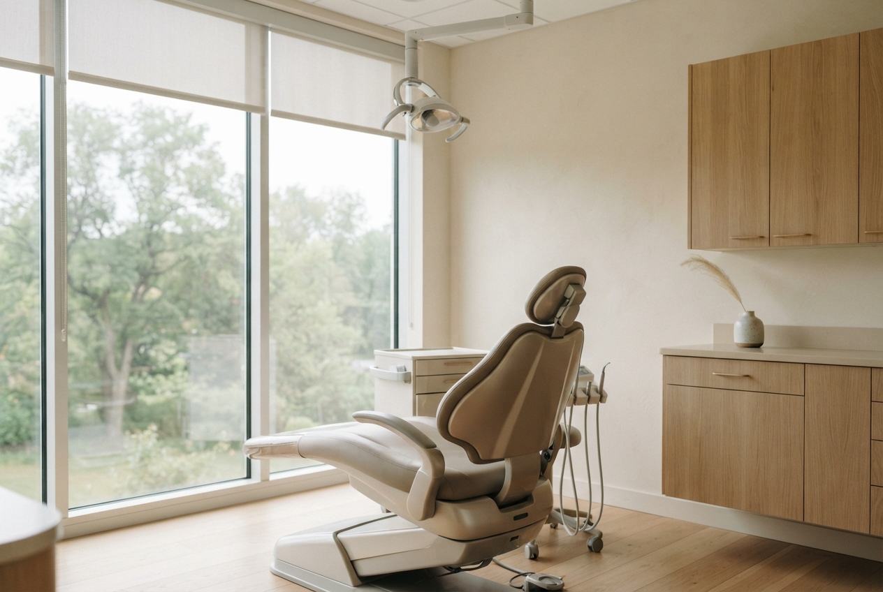 Modern dental treatment room with a reclining chair, overhead exam lamp, cabinets, and large windows overlooking trees.