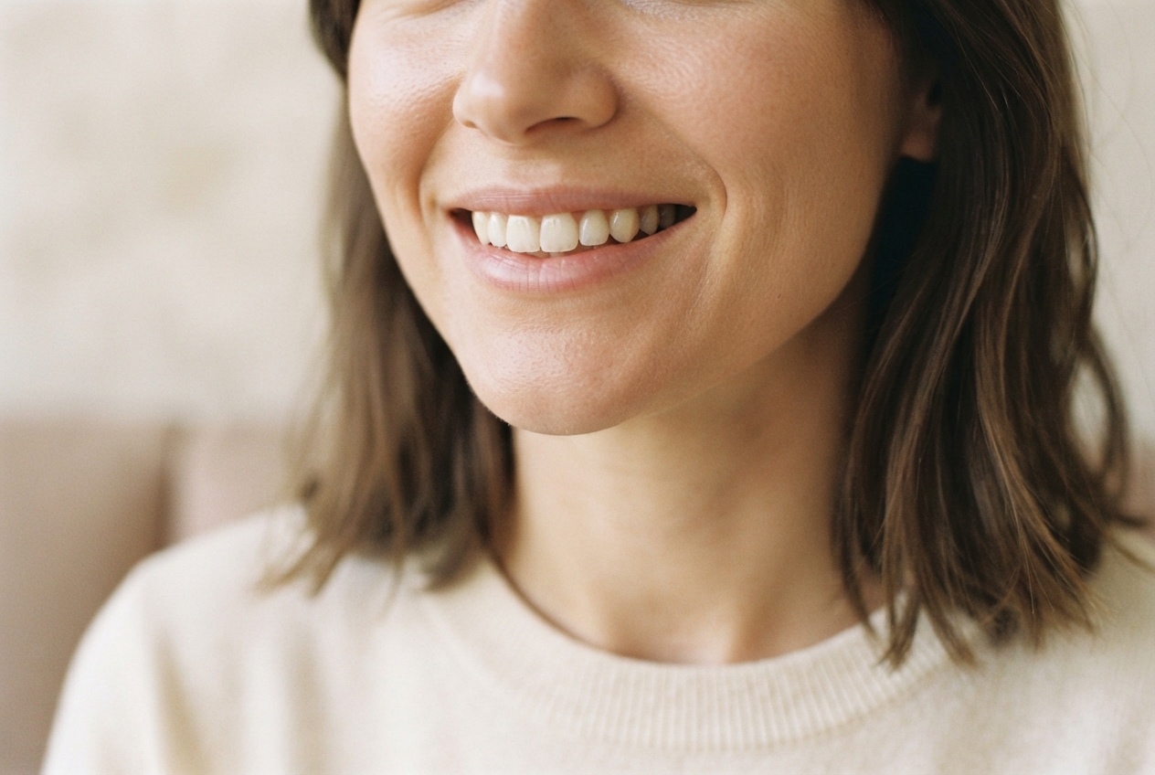 Close-up of a smiling woman with brown hair wearing a cream sweater, showing her upper teeth.