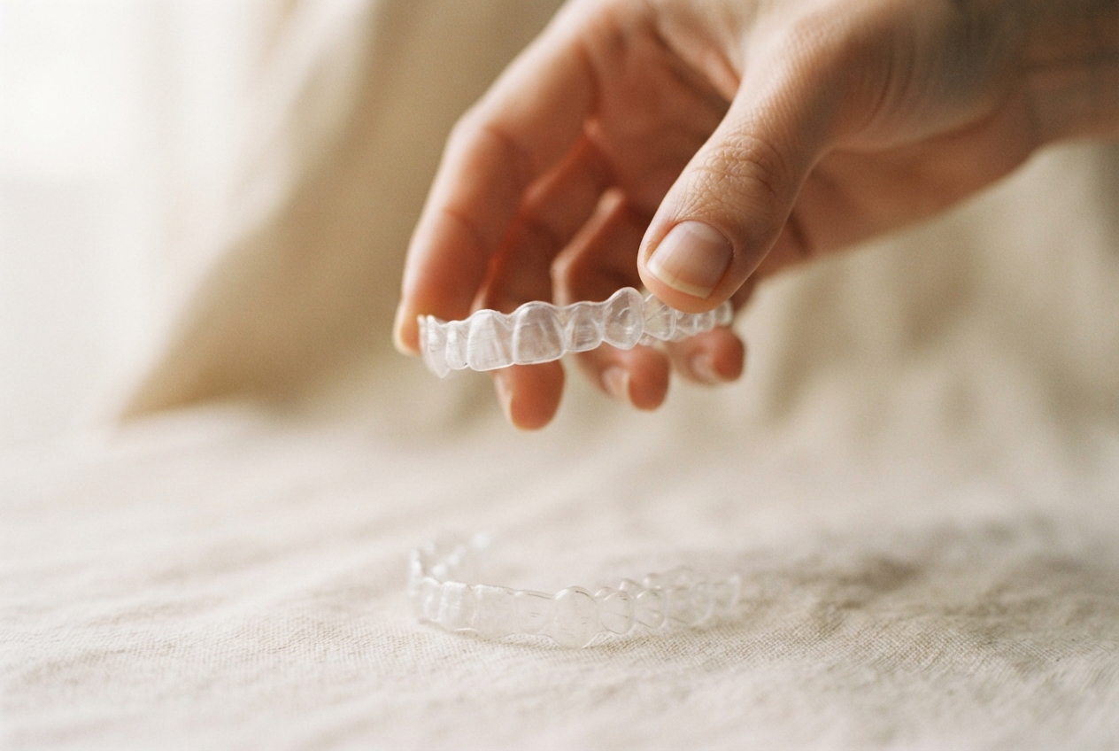 Hand holding a clear dental aligner above another aligner on a light fabric surface.